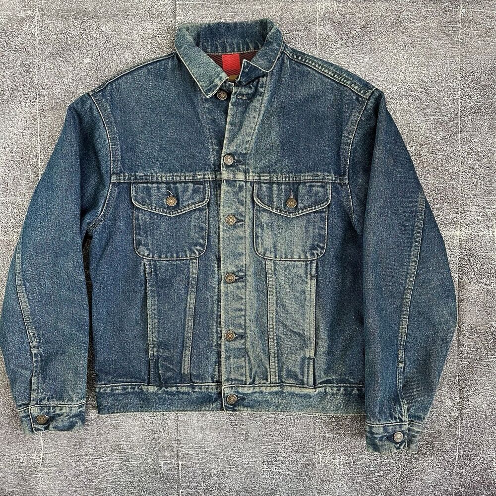 Men's Vintage 90s GAP USA Dark Blue Flannel Lined Trucker Denim Jean Jacket Sz S